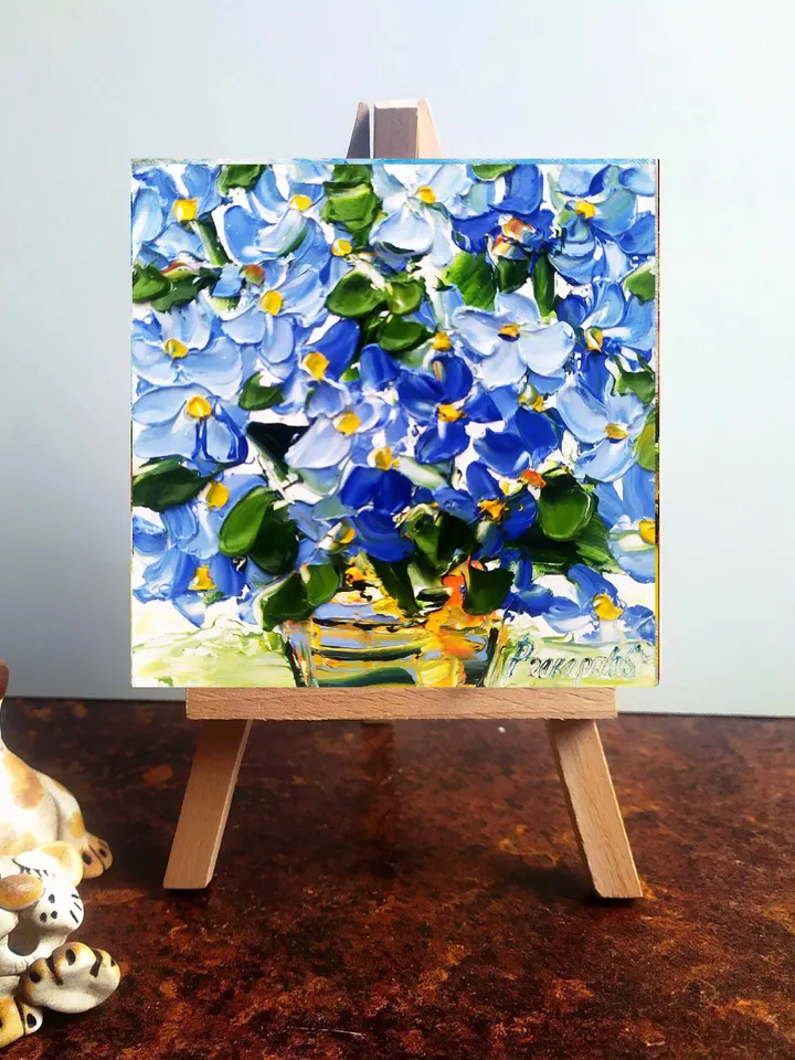 Forget-Me-Not Painting Cornflower Original Art Impasto Oil Painting 4x4 Blue Impasto Wildflower Wall Art Floral Meadow Painting Field