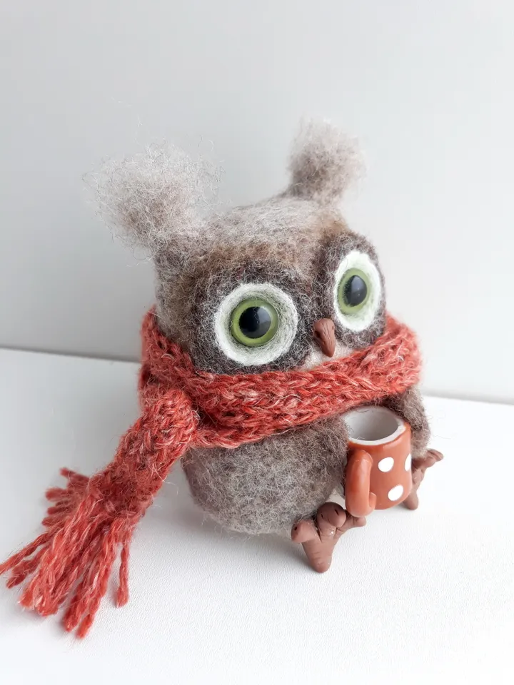 Needle Felted Owl/OOAK Owl/Bird lover gift/Owl holds a mug/Cute Owl/Nursery decor/Birthday Gift/Waldorf Owl sculpture