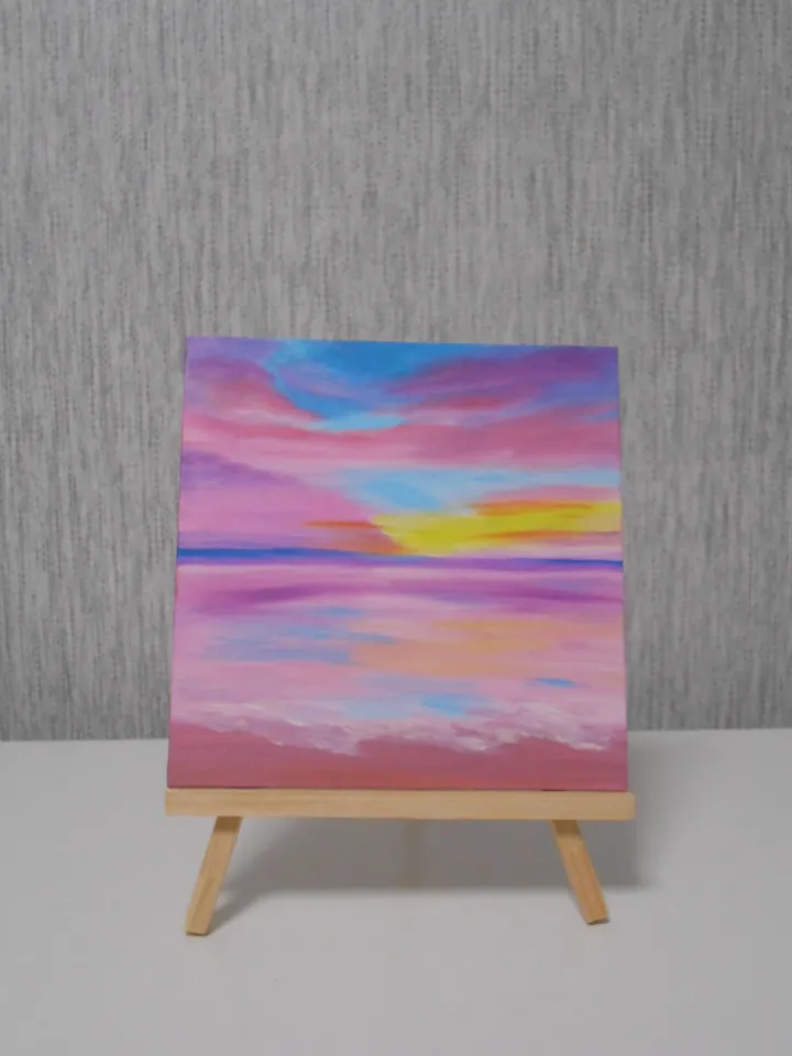 A pink sea sunset. Oil painting.