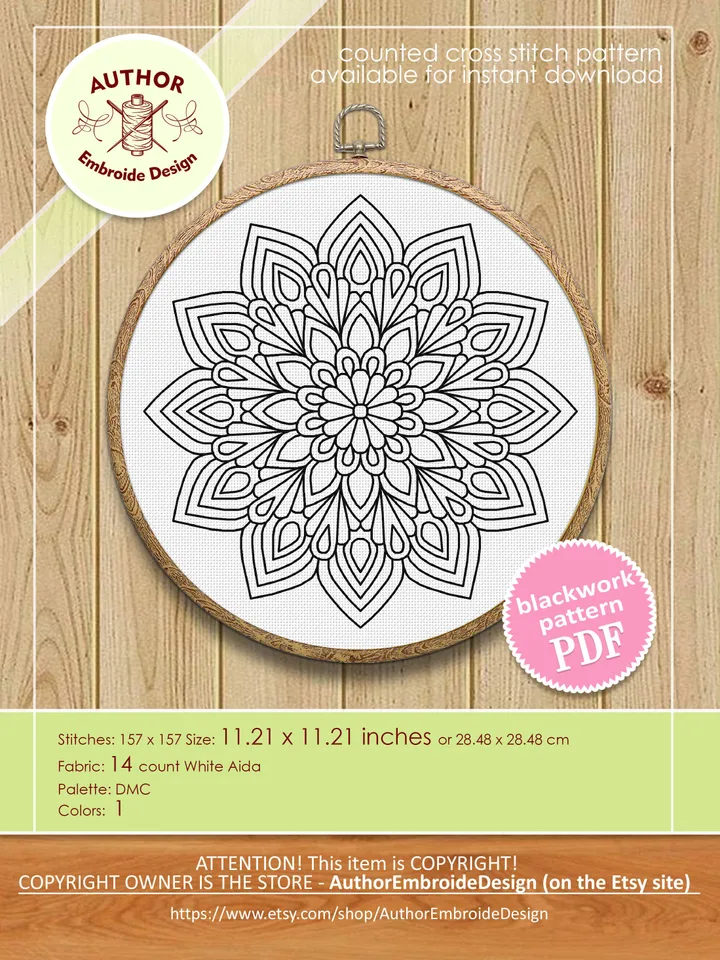 Flower mandala blackwork pattern PDF download Mandala ornament Backstitch chart, Blackwork mandala embroidery PDF, Mandala cross stitch #W38