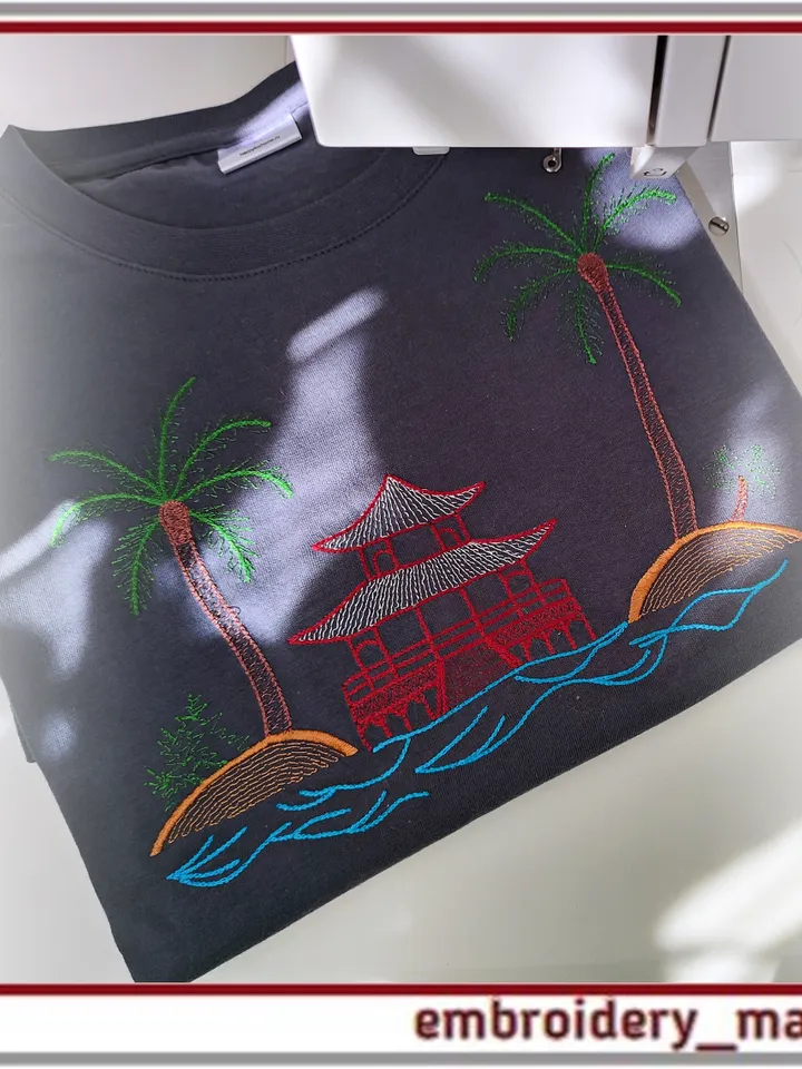Machine embroidery design The palm trees, the sea and the house pattern