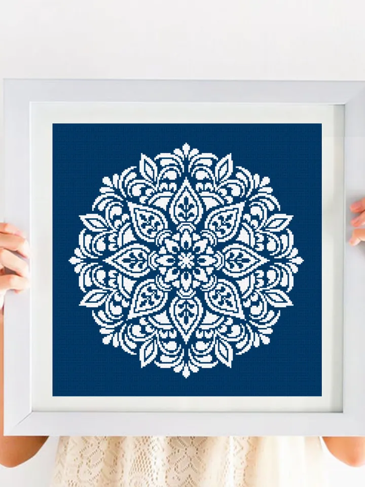 Flower mandala cross stitch pattern PDF download, Simple mandala pattern digital PDF, Monochrome cross stitch chart, Mandala ornament #M243