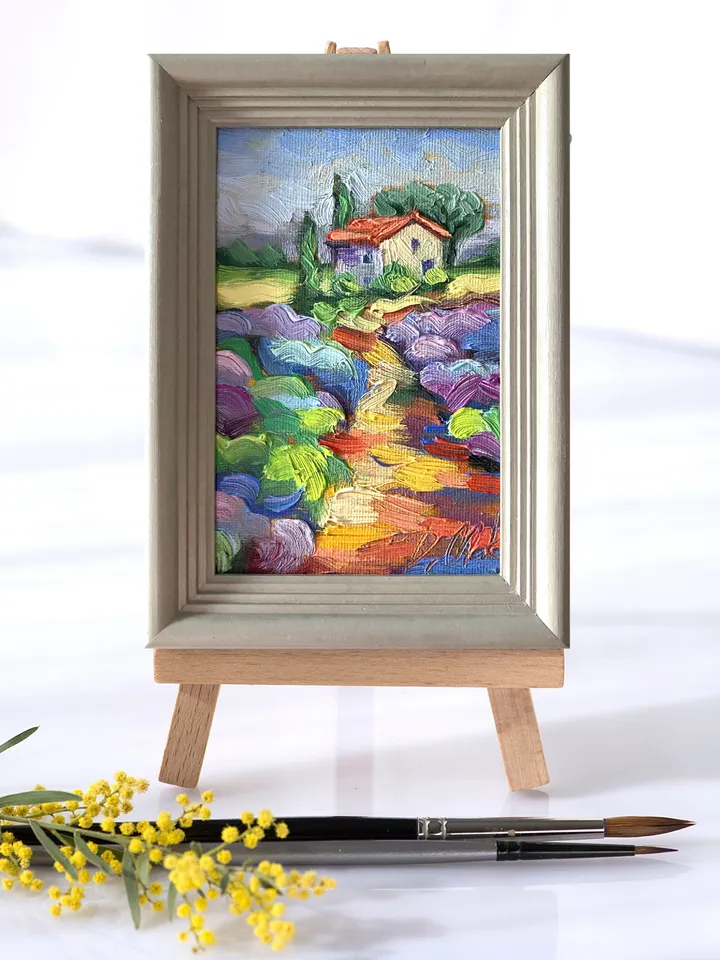 Lavender Fields Painting Tuscany Original Art Landscape Oil Painting Impasto Small Artwork 4x6 Tuscan Serenity Painting Wild Flowers