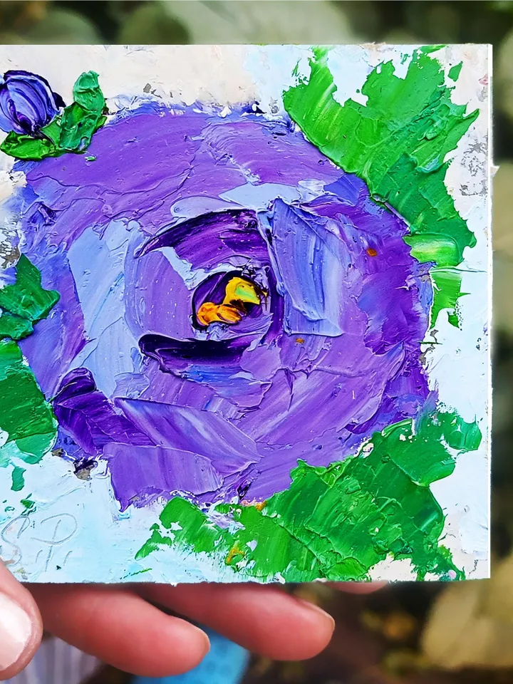 Rose Painting Cornflower Original Art Impasto Oil Painting 4x4 Impasto Rose Wall Art Floral Meadow Painting Field
