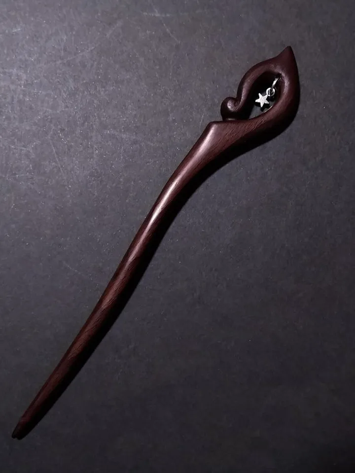 Handmade wooden hairpin made of walnut wood with pendant.