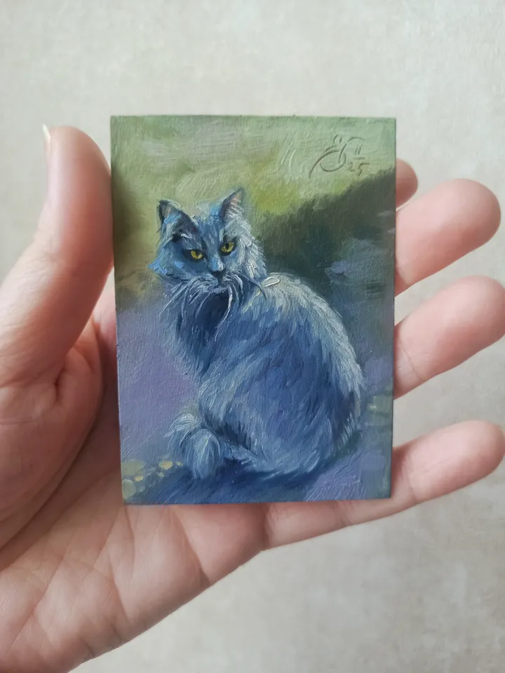 Original ACEO oil painting, Street smoky cat, Miniature collectible painting 2.5x3.5 inches