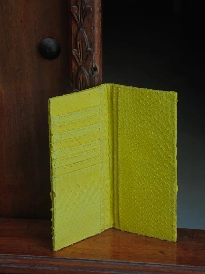 Genuine python skin flat unisex yellow wallet / small money reptile purse / exotic leather snakeprint / cardholder gift idea