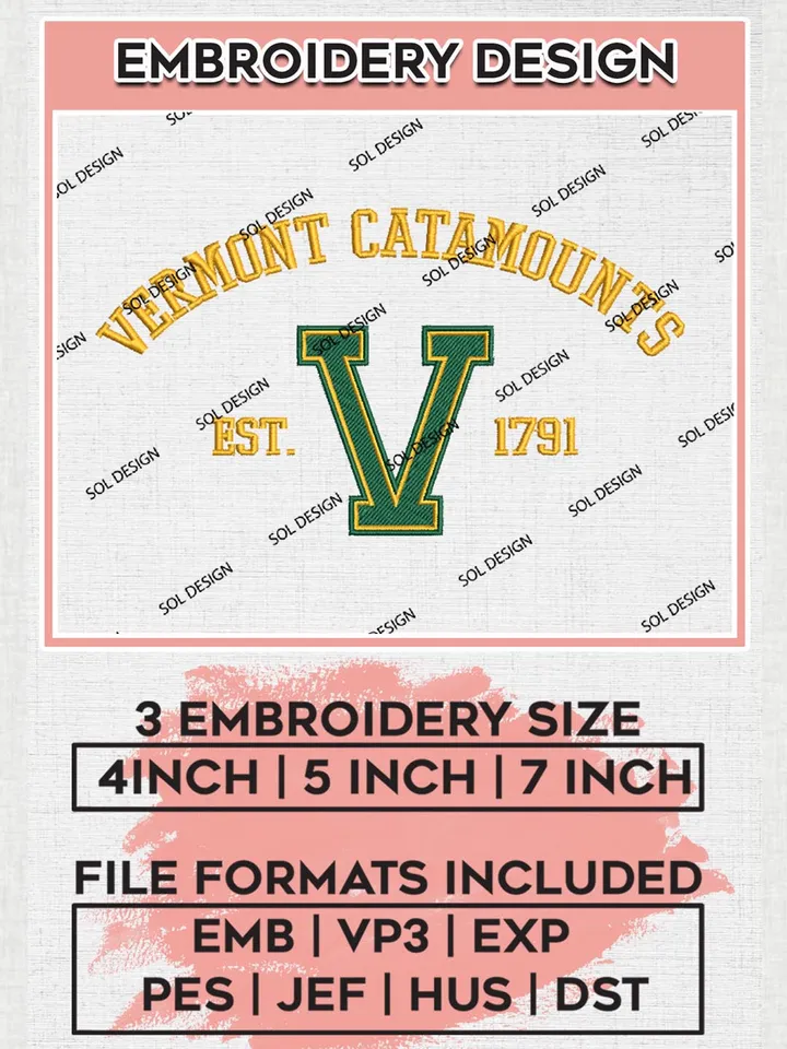 Vermont Catamounts Est 1791 Logo Embroidery Designs, NCAA Vermont Catamounts Team Embroidery, NCAA Team Logo, 3 sizes, Machine embroidery Files, Digital Download