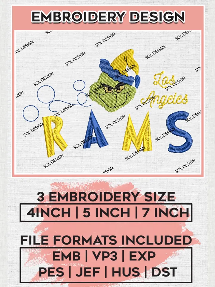 Christmas Grinch Los Angeles Rams Embroidery Designs, Grinch Embroidery Files, NFL Rams Machine Embroidery Designs, NFL Los Angeles Rams Logo, NFL Christmas Machine Embroidery Design, Digital Download