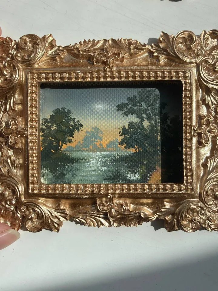 Small Landscape Oil Painting Framed Art Original Moon Painting Antique Gift Renaissance Art Gold Frame Tiny Paintings 3 x 4 Art