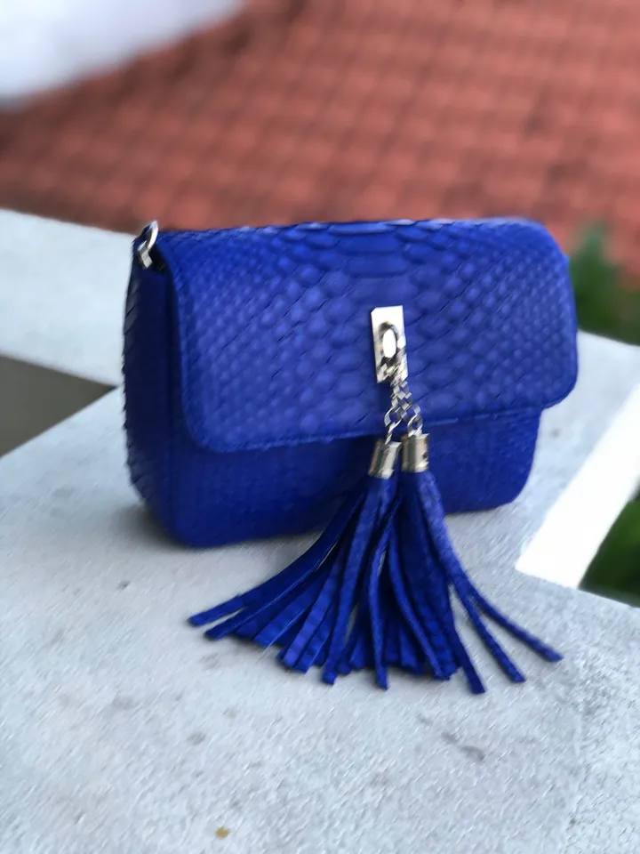 Bright blue Python skin tassel bag | electric blue chain crossbody bag | Leather designer bag | Exotic skin bag | Small crossbody Bag tassel