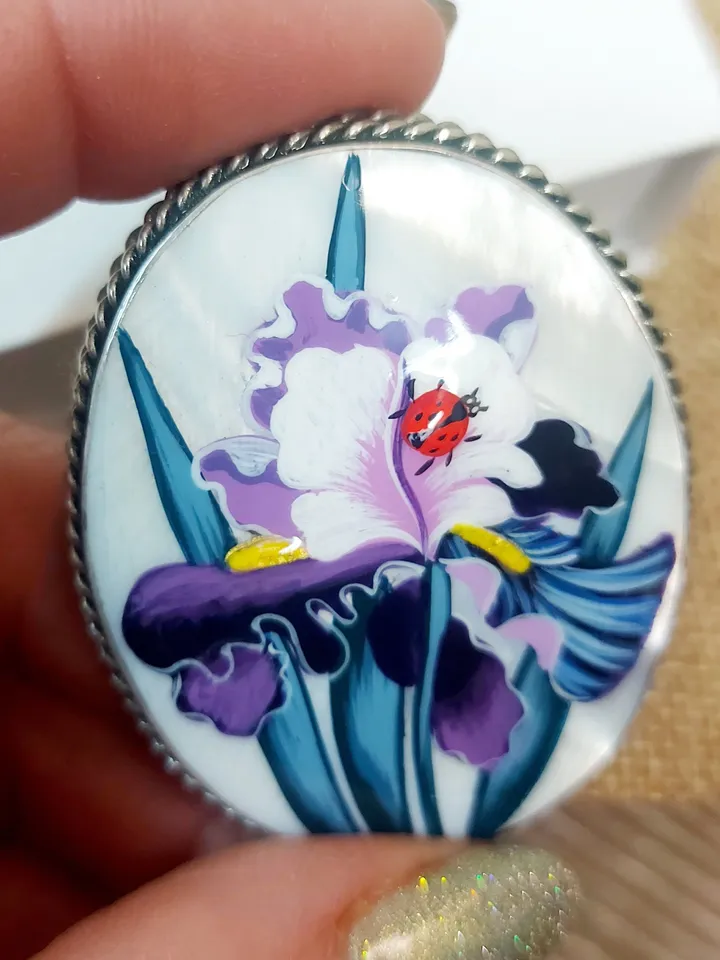 Mother-of-pearl Russian brooch "Iris Flower ", Miniature hand-painted, Russian fine art jewelry, Аbalone shell. Russia gift for woman. Pin