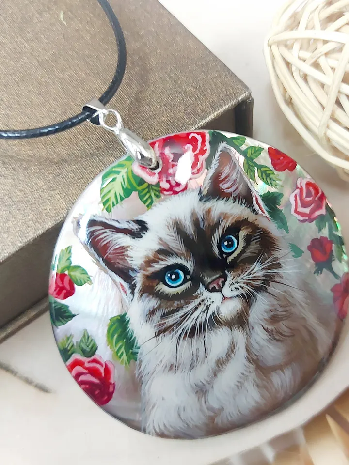 Mother-of-pearl Russian hand-painted necklace pendant "Cat in Flowers" Hand paint necklace pendant Cat pendant