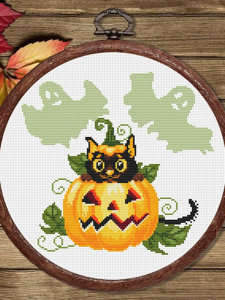 Happy Halloween Cross Stitch Pattern, Halloween Cat Cross Stitch Pattern, Pumpkin Cross Stitch Pattern, Cat in the Pumpkin #hld001