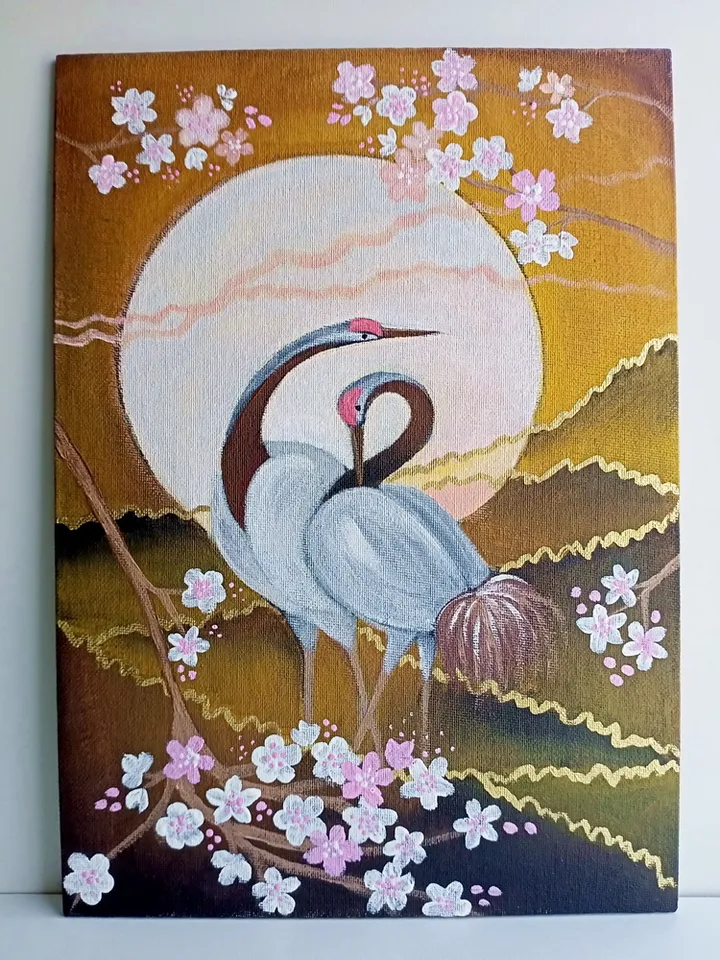 Couple crane acrylic UNFRAMED painting*Pair birds*Moonlight painting*Flowering abstract painting*Blooming branch art*Cherry blossom abstract
