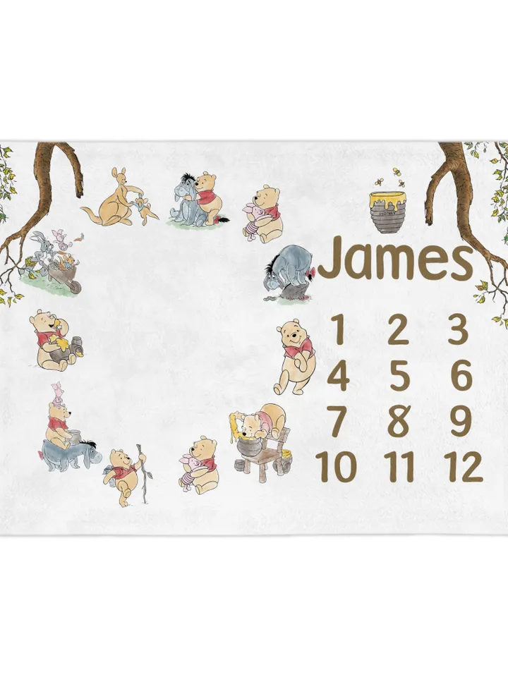 Personalized Milestone Blanket Winnie Pooh, Classic Winnie Pooh Milestone Blanket, Personalized Pooh Blanket, Hundred Acre Wood; wp00