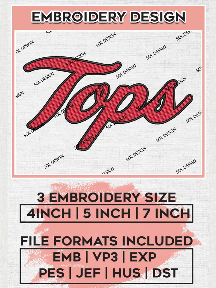 NCAA Tops Team Word Logo Embroidery Design Files, NCAA Western Kentucky Hilltoppers Machine Embroidery, NCAA Teams, Game Day, 3 sizes, NCAA Machine embroidery designs, Digital Download