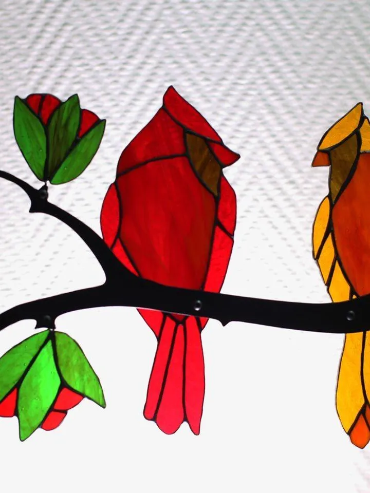 Red Cardinals. Stained Glass Composition on Metal, Red Cardinals Stained Glass Art, Tiffany Technique Cardinal Ornament, Handcrafted Stained Glass Birds on Metal, Red Birds Stained Glass Suncatcher, Handmade Glass Cardinal Wall Decor, Tiffany-Style