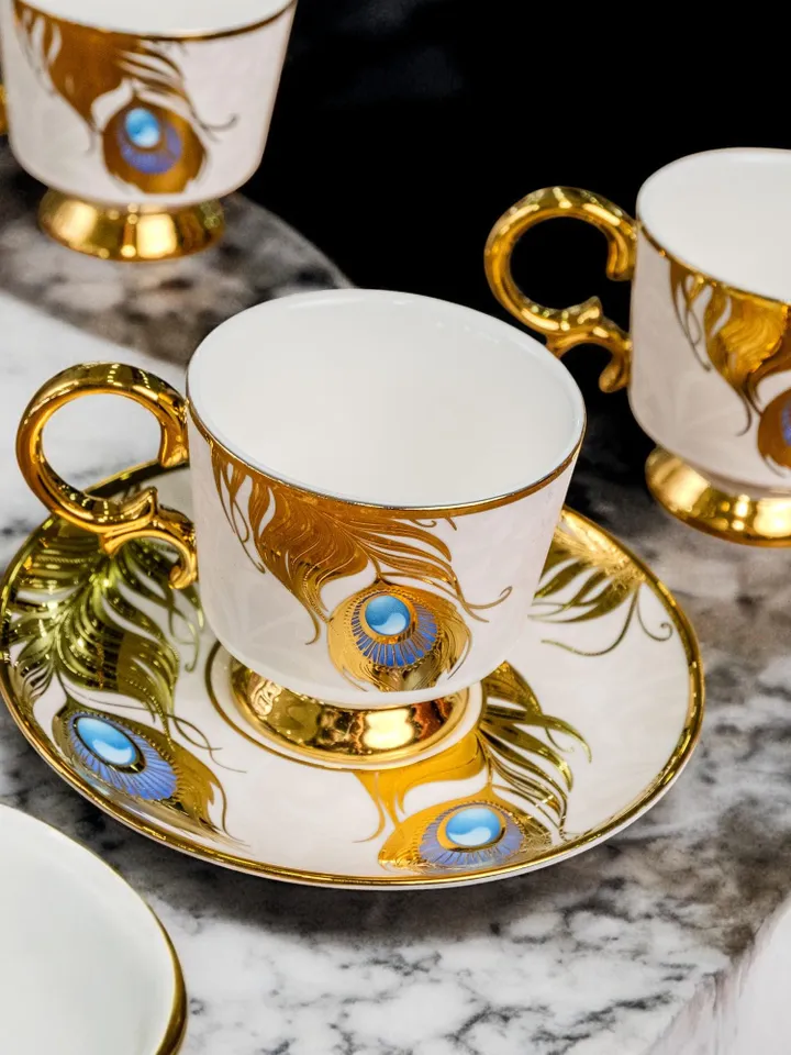 14K Gold Powder Peacock Porcelain Tea Cups And Saucers | Tea Cups Saucers Set | Gold Porcelain Set | Elegant Teaware | Gift For Tea Lovers