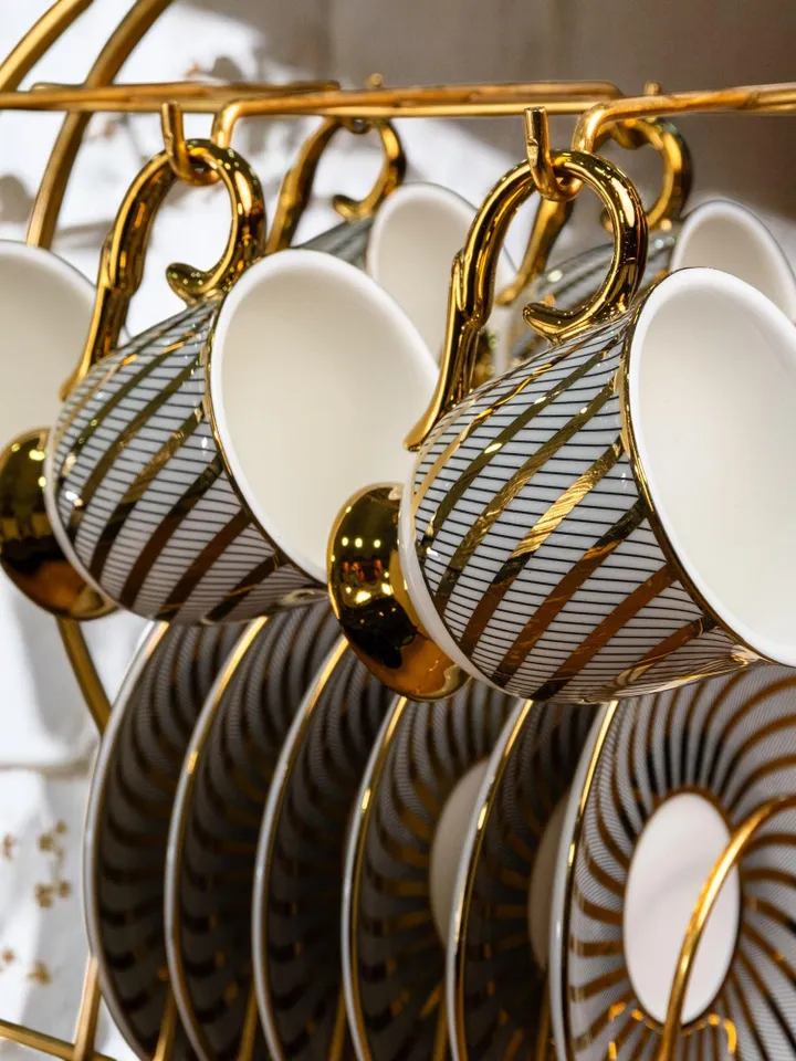 14K Genuine Gold Powder Porcelain Tea Cups And Saucers | Tea Cups Saucers Set | Gold Porcelain Set | Elegant Teaware | Gift For Tea Lovers