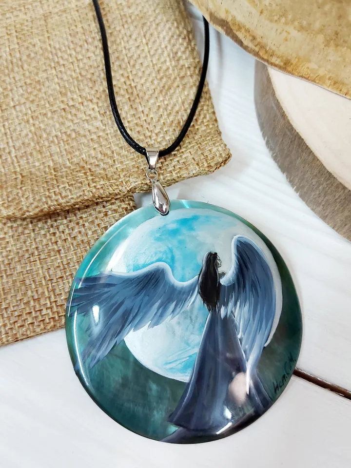 Mother-of-pearl Russian necklace "Angel". Russian lacquer miniature. An elegant gift for Mom. Pendant necklace with Russian hand-painted.
