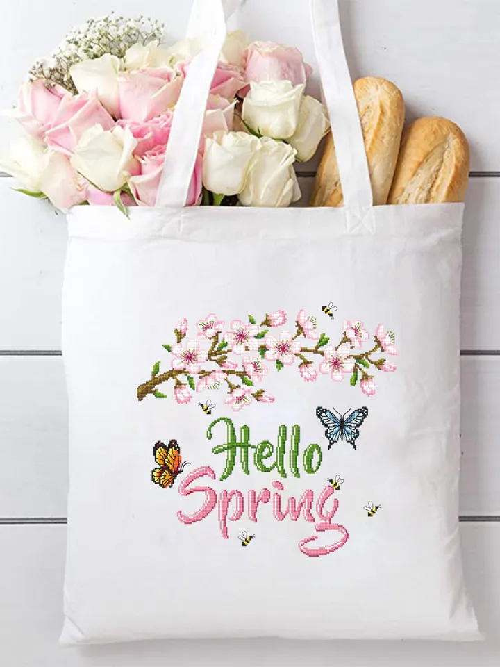Hello spring cross stitch pattern PDF download Cherry blossom cross stitch chart, Floral pattern digital PDF Sakura flower cross stitch #Q66