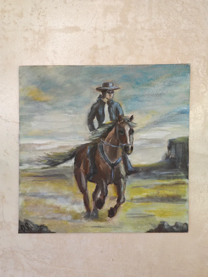 Cowboy On Horse Original Painting Riding Horse Cowboy Original Art Animal Artwork Rider Horse Oil Painting Horse And Cowboy Wall Decor Art 8 x 8 inches by OlgaSokolovaArt
