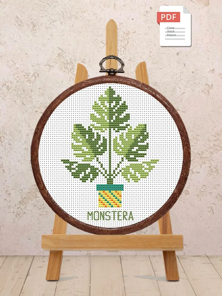 Monstera Cross Stitch Pattern, Flower Cross Stitch Pattern, Embroidery Monstera, Flowers xStitch, Potted Flowers Cross Stitch #flw002