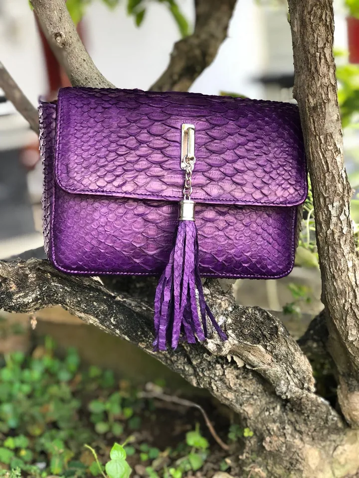 Genuine python skin TASSEL bag violet color, violet leather bag, tassel bag crossbody, small leather bag chain, elegant classy small bag