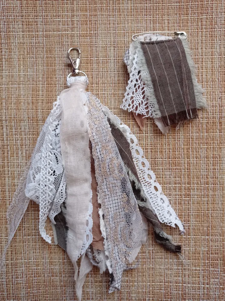 Brooch and keychain made of ribbons and boho fabric set