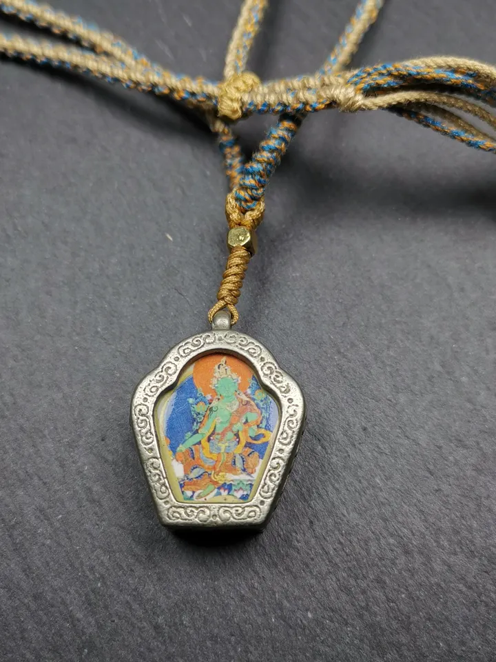 Gandhanra Handmade Tibetan Buddhist Gau Box Amulet,Green Tara Ghau Shrine, Mini Altar Pendant