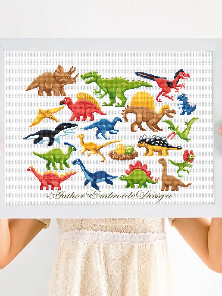Baby dinosaur cross stitch pattern PDF download Dinosaurs sampler cross stitch chart, Small dinosaur pattern digital PDF Dinosaur gifts #K41