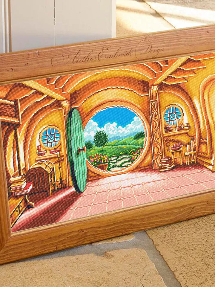Fairy hobbit house round door cross stitch pattern download PDF Home sweet hole Green door stitch counted Wizarding world cross stitch chart Home decor #L34
