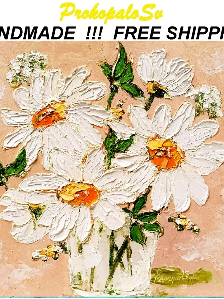 Daisy Painting Flowers Original Fine Art Flowers Blossoms Wall Art Decor Floral Impasto Artwork Meadow Art Gifts by ArtProkopaloSv