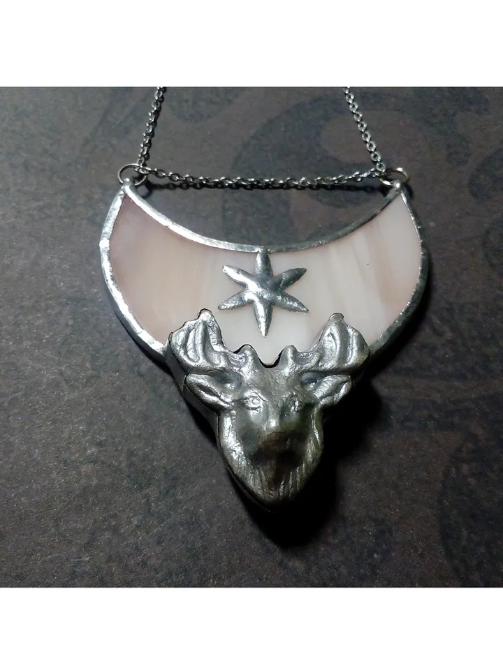 Deer antler jewelry, Deer head necklace, Yule jewelry, Christmas deer, Moon crescent deer, stag head pendant