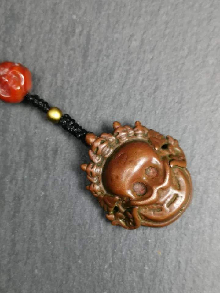 Gandhanra Antique Tibetan Gau Box Amulet,Unique Citipati Skull Ghau Shrine,Mini Tibetan Buddhist Altar Necklace with Colorful Offerings