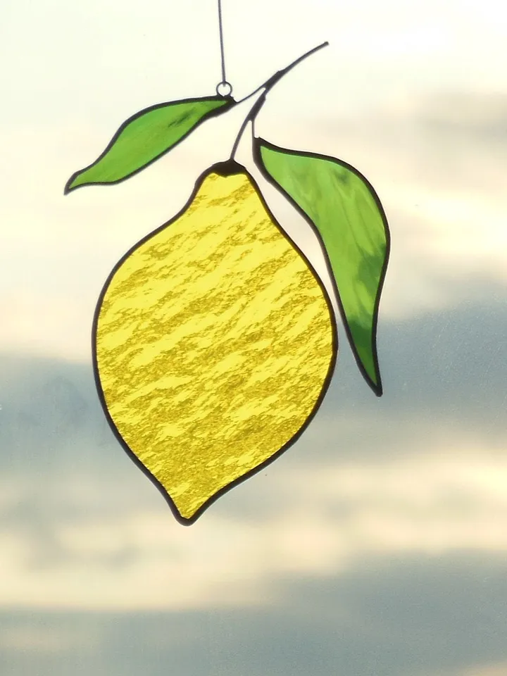 Lemon stained glass window hanging Suncatcher (texture RR) Fruit Kitchen Decor