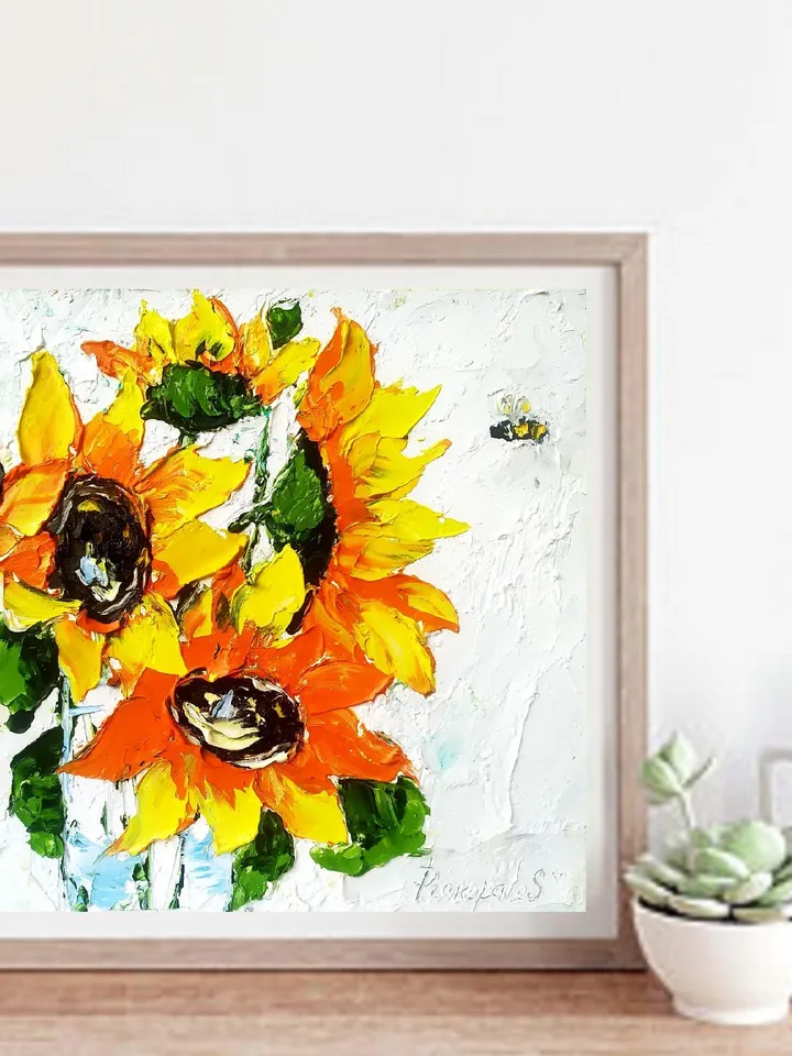 Sunflowers Painting Honeybee Original Art Flowers Impasto Oil Painting Floral Wall Art Flowers Wall Art 8x8