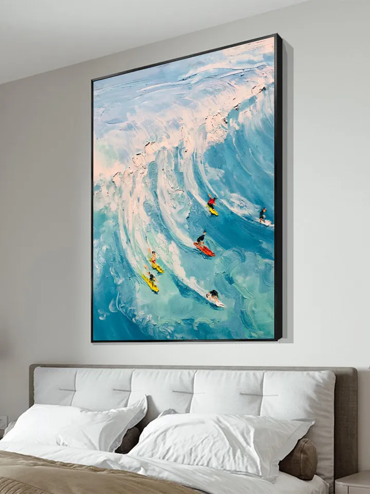 Original Surf Painting on Canvas Custom Painting Texture Wall Art Personalized Gift Blue Ocean Waves Nature Scenery Art Bedroom Wall Decor