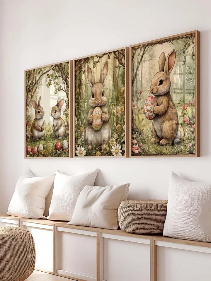 50+Printable Neutral Spring Prints, Gallery Set of Spring Wall Art, Easter Bunny Painting, Farmhouse Easter Painting, Easter Farmhouse Decor