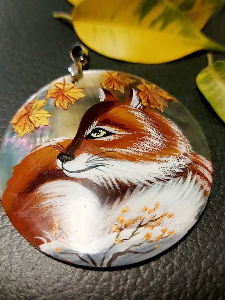 Beautiful Pendant Mother-of-pearl"Fox". miniature Hand-painte. Russian jewelry. Art gift.Wildlife gift. Fox lover gift. Forest jewelry.