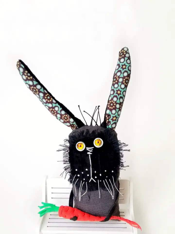 Handmade Quirky and Unique Fabric Art Doll Bunnies: One-of-a-Kind Fun Delightful Interior Decor Toys with a Spooky Twist. FREE SHIPPING!