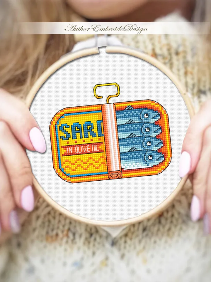 Sardines in a can cross stitch pattern PDF download Tinned sardines cross stitch chart, Funny kitchen decor, Small fish pattern digital #F26