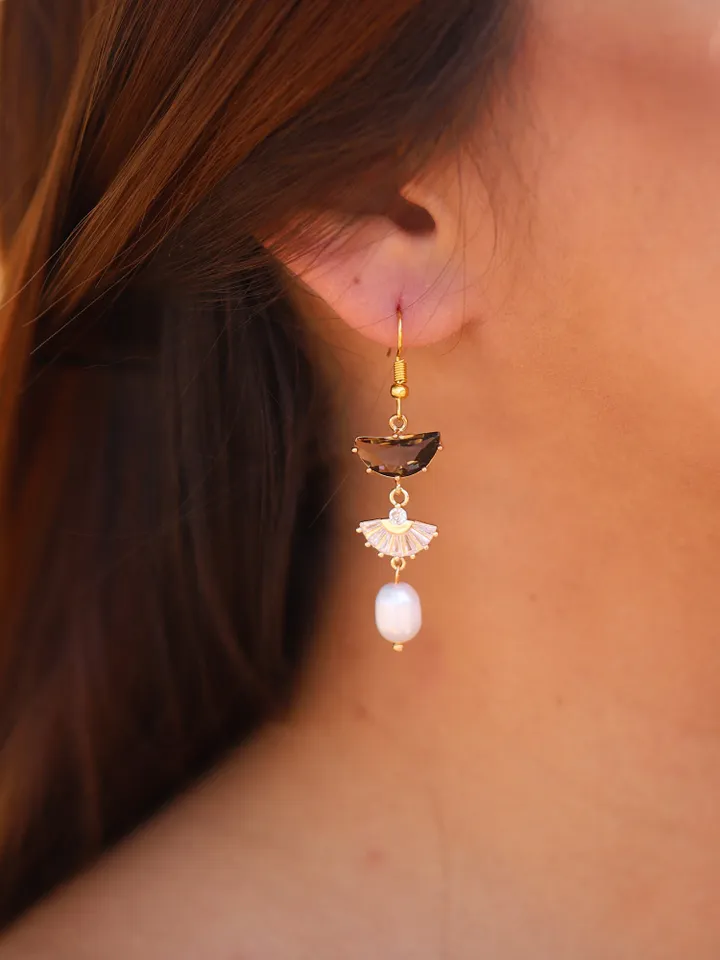 Art deco Wedding Earrings For Bride, Freshwater Pearl Boho Bridal Earrings, Vintage Style, Statement Earrings, Fan Earrings, Boho Jewelry
