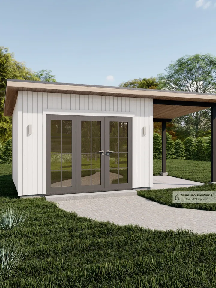 10'x20' Modern Garden Shed Plans with Porch, Small Garden Studio House Construction drawings/blueprints