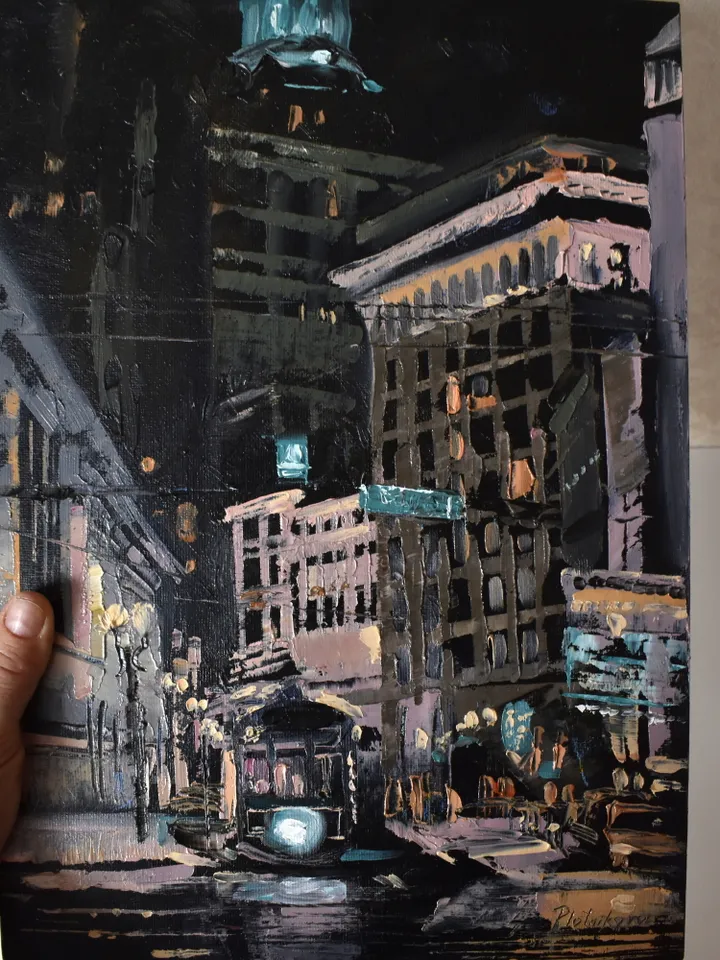 New Orleans painting Cityscape Original Art Night Tram painting Louisiana landscape Night Orleans by Natalia Plotnikova