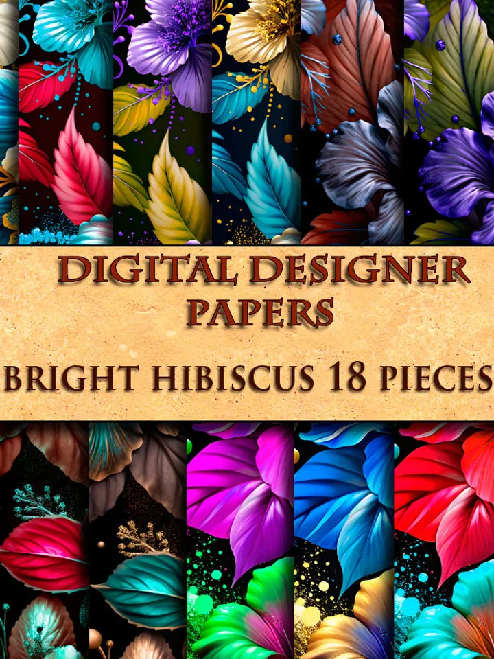 bright flowers hibiscus 18 pieces of patterns for printing on fabric, paper. Digital paper for creativity.
