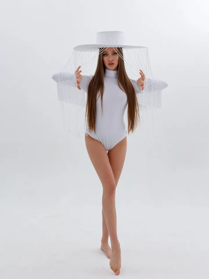 beaded hat, fringed hat, futuristic costume, photo shoot hat