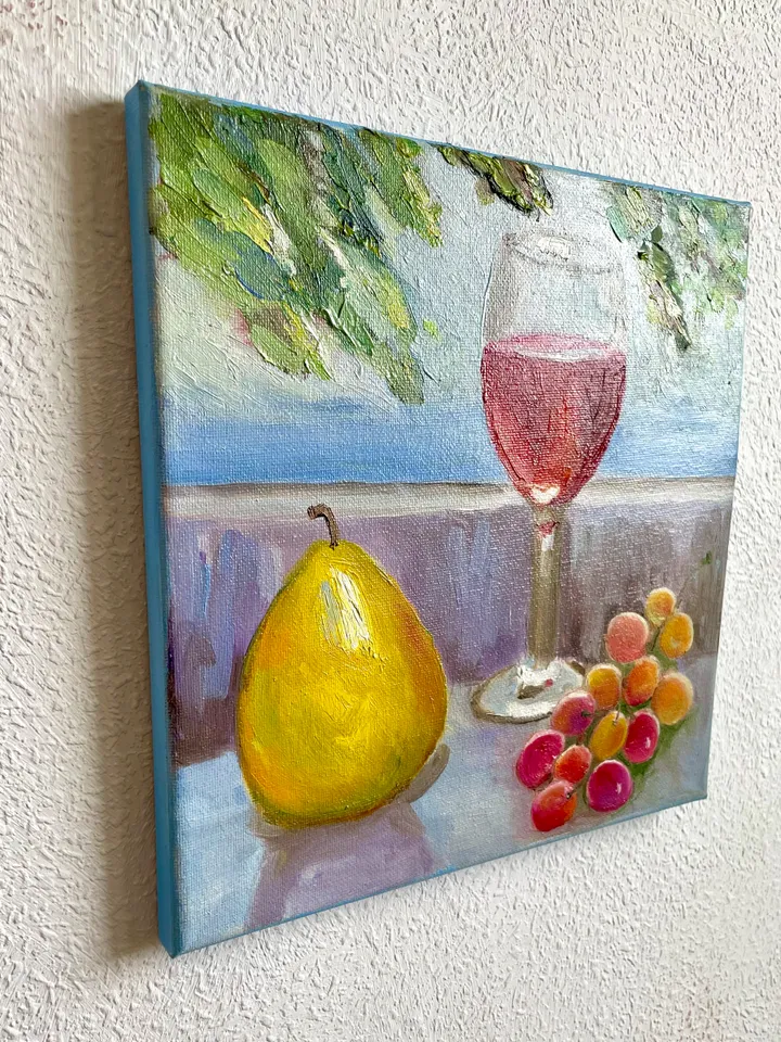 Wine Glass Painting, Original Oil Painting on Canvas, Fruit Still Life Painting 10" x 10"