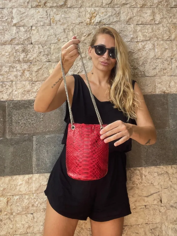 Genuine python skin bucket red chain bag / designer women purse / bright soft bag / exotic leather bags free shipping | gift for her